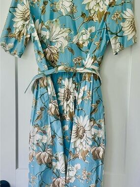 Oscar de la Renta Teal-Blue Floral Midi Wrap Dress